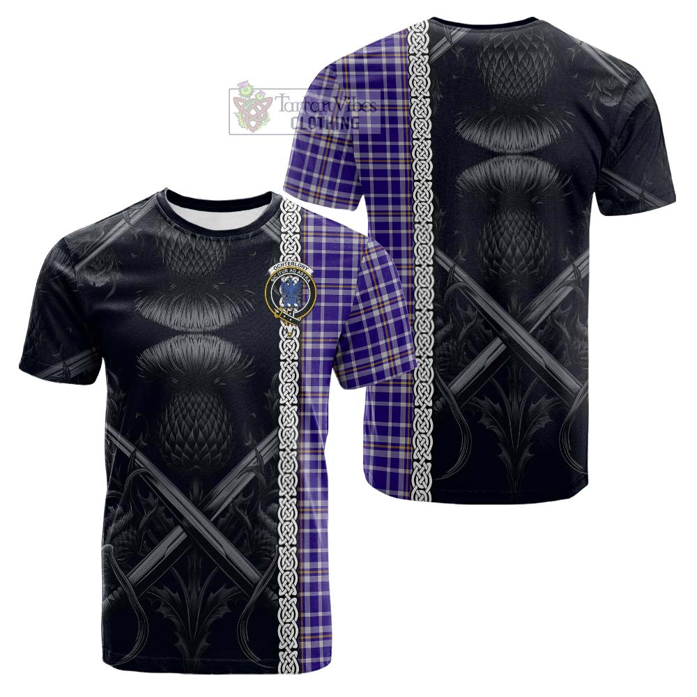 Tartan Vibes Clothing Ochterlony Tartan Cotton T-shirt with Family Crest Cross Sword Thistle Celtic Vibes