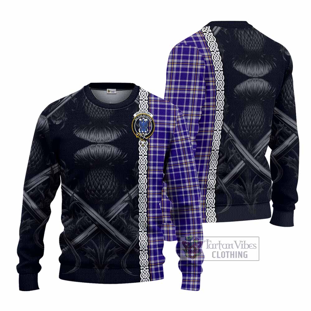 Ochterlony Tartan Knitted Sweater with Family Crest Cross Sword Thistle Celtic Vibes - Tartan Vibes Clothing