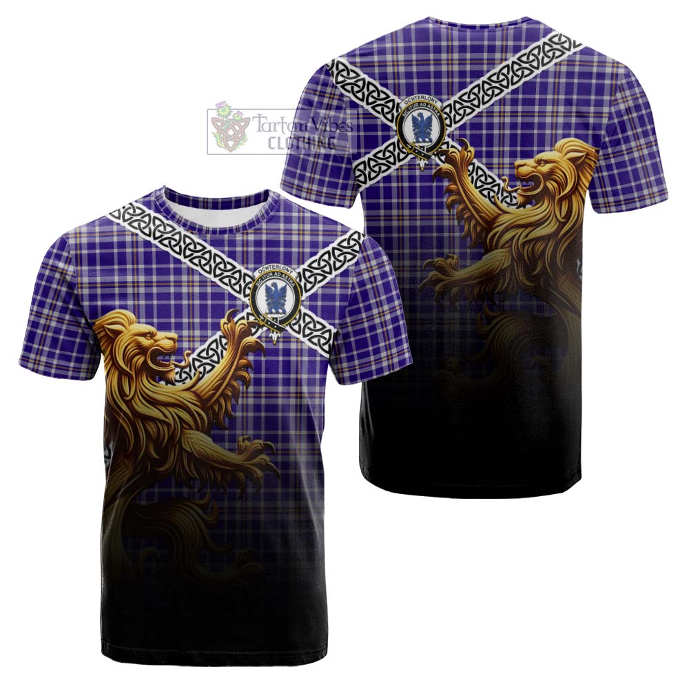 Ochterlony Crest Tartan Cotton T-shirt with Golden Lion Emblem Celtic Style - Tartan Vibes Clothing
