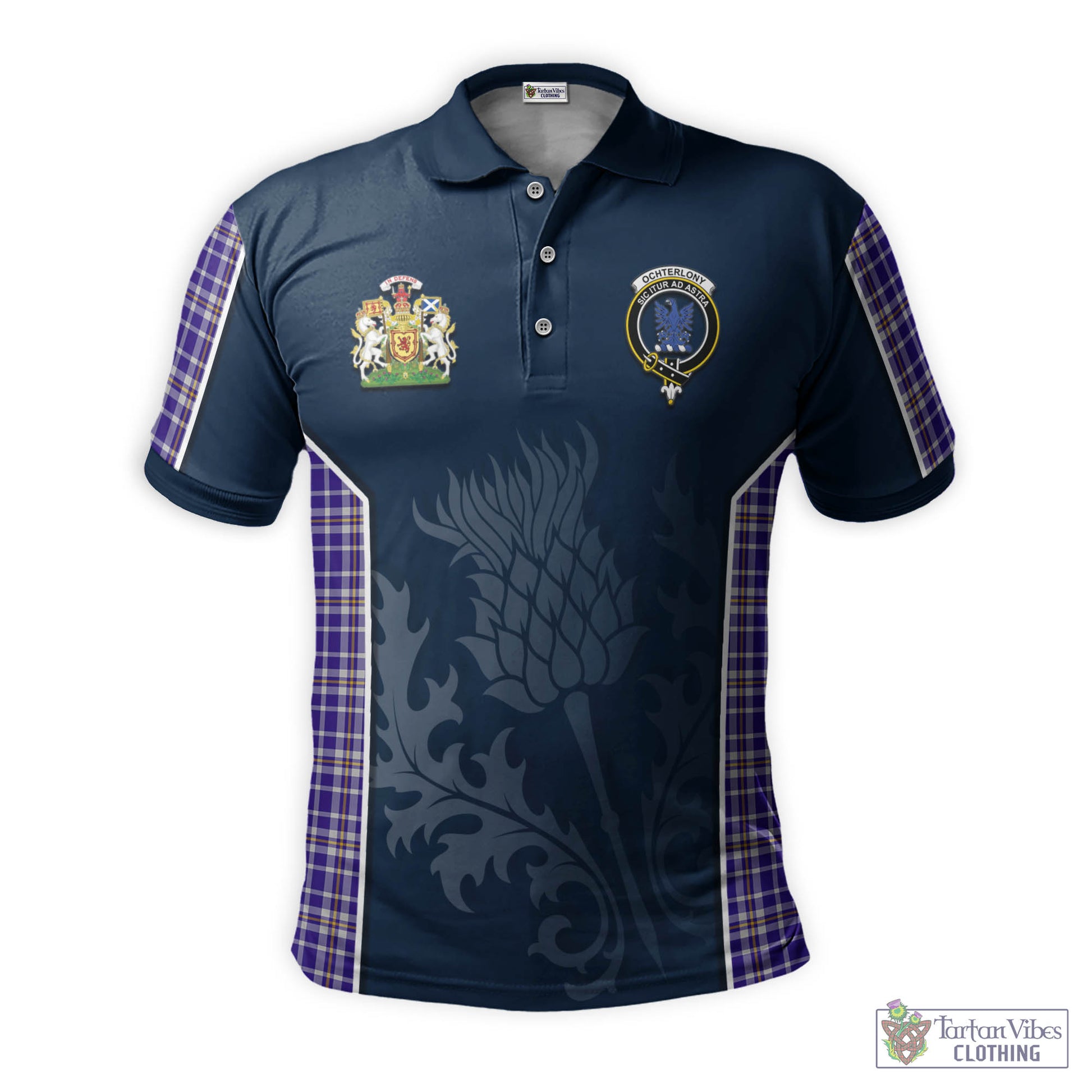Tartan Vibes Clothing Ochterlony Tartan Men's Polo Shirt with Family Crest and Scottish Thistle Vibes Sport Style