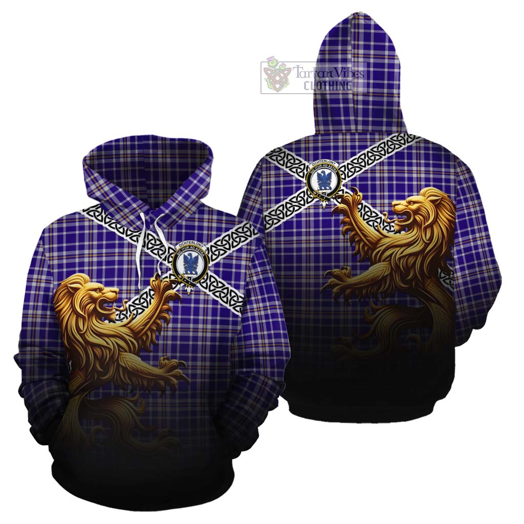 Ochterlony Crest Tartan Cotton Hoodie with Golden Lion Emblem Celtic Style - Tartan Vibes Clothing