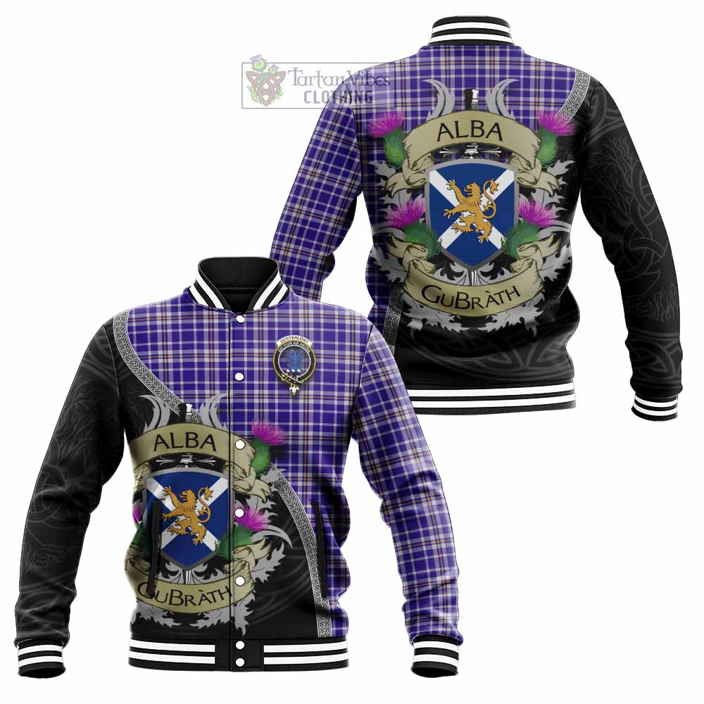 Ochterlony Tartan Family Crest Baseball Jacket Lion Rampant Royal Thistle Shield Celtic Inspired - Tartan Vibes Clothing