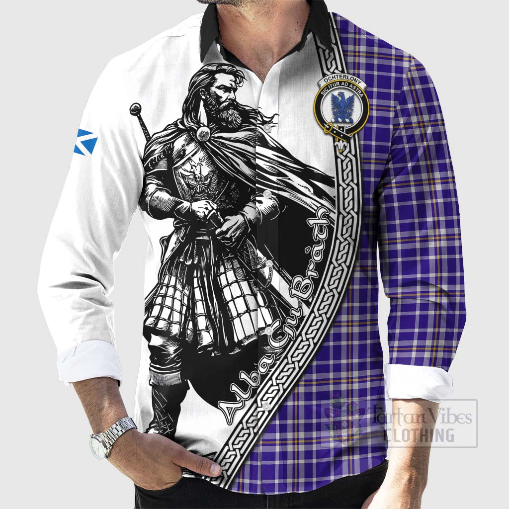 Ochterlony Tartan Clan Crest Long Sleeve Button Shirt with Highlander Warrior Celtic Style - Tartan Vibes Clothing