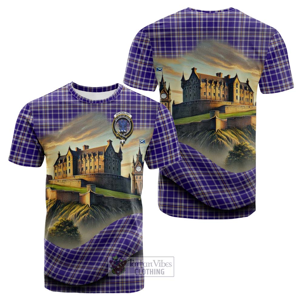 Tartan Vibes Clothing Ochterlony Tartan Family Crest Cotton T-shirt with Scottish Ancient Castle Style