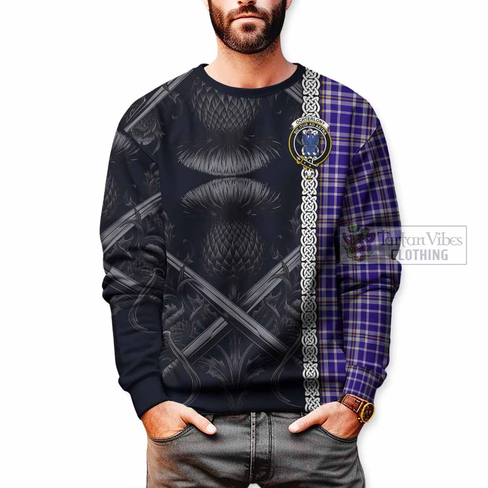 Ochterlony Tartan Sweatshirt with Family Crest Cross Sword Thistle Celtic Vibes - Tartan Vibes Clothing