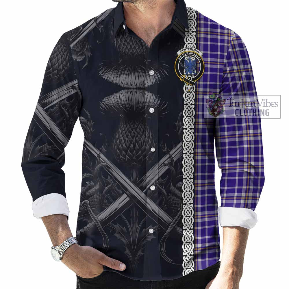 Tartan Vibes Clothing Ochterlony Tartan Long Sleeve Button Shirt with Family Crest Cross Sword Thistle Celtic Vibes