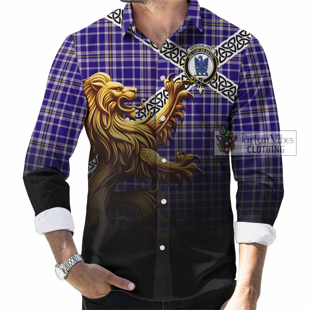 Ochterlony Crest Tartan Long Sleeve Button Shirt with Golden Lion Emblem Celtic Style - Tartan Vibes Clothing