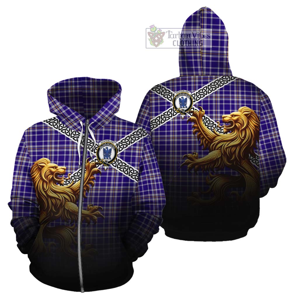 Ochterlony Crest Tartan Cotton Hoodie with Golden Lion Emblem Celtic Style Zip Hoodie - Tartan Vibes Clothing