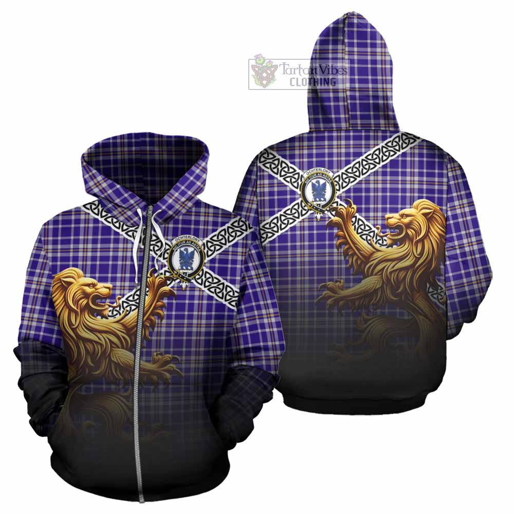 Ochterlony Crest Tartan Hoodie with Golden Lion Emblem Celtic Style Zip Hoodie - Tartan Vibes Clothing