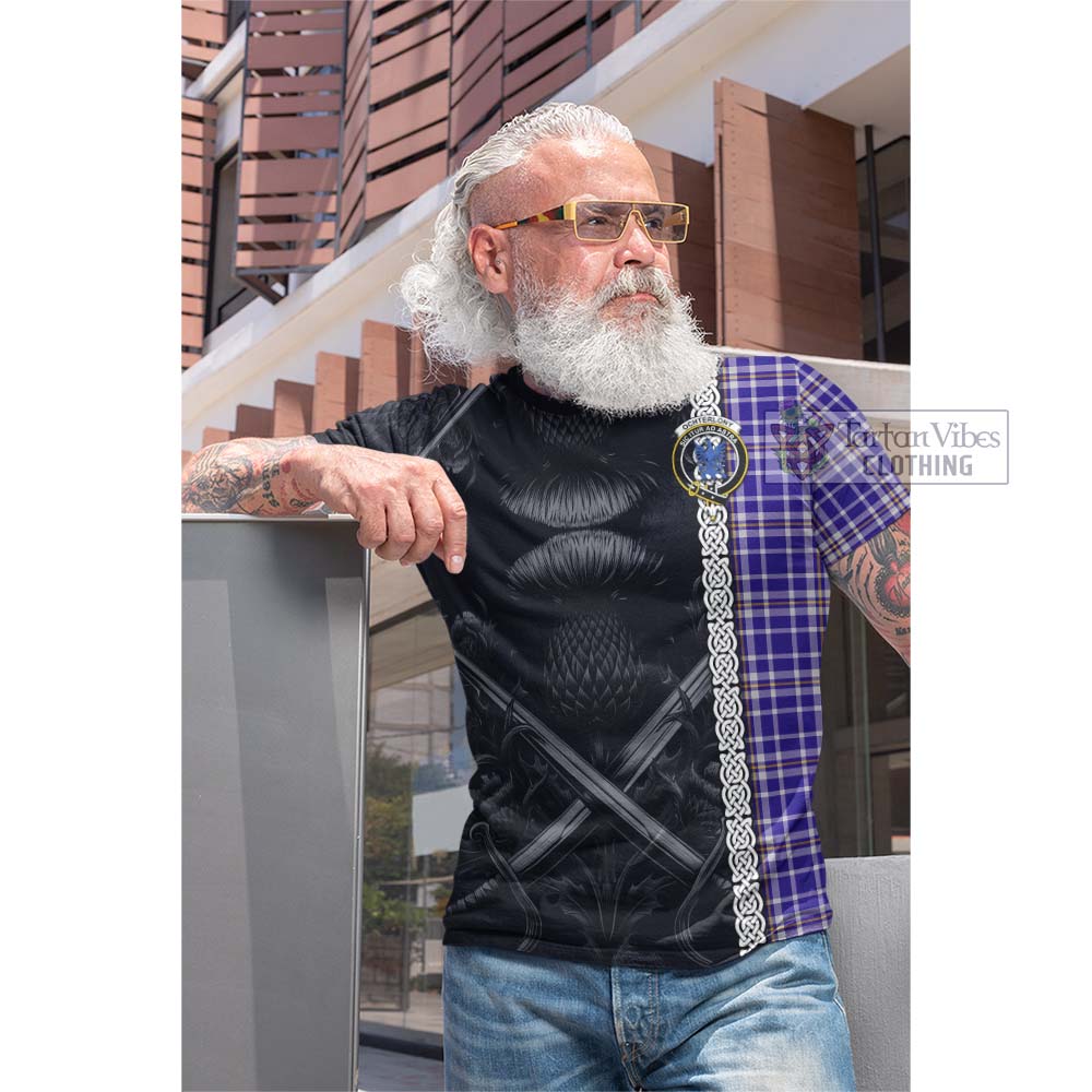 Tartan Vibes Clothing Ochterlony Tartan Cotton T-shirt with Family Crest Cross Sword Thistle Celtic Vibes