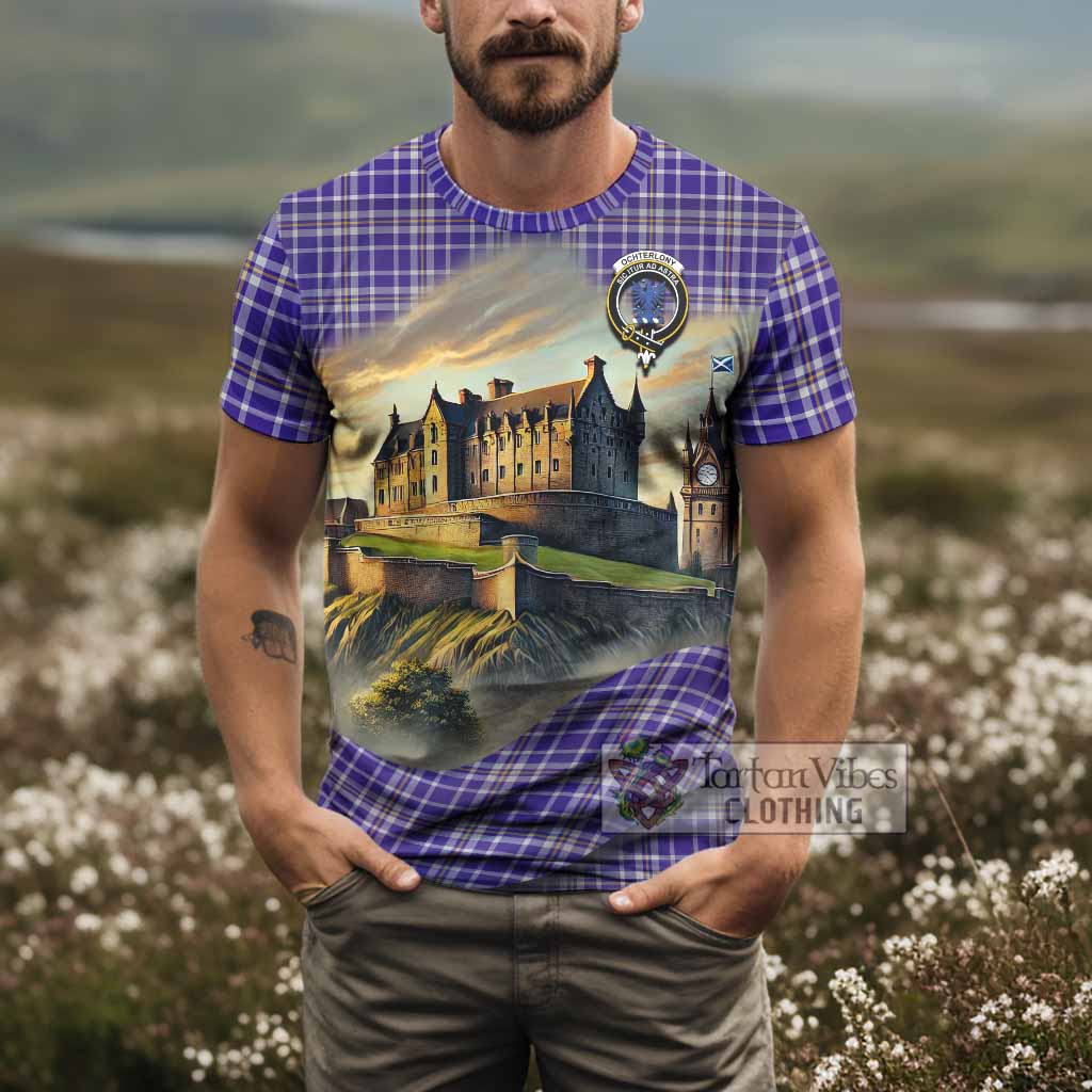 Ochterlony Tartan Family Crest T-Shirt with Scottish Ancient Castle Style - Tartan Vibes Clothing