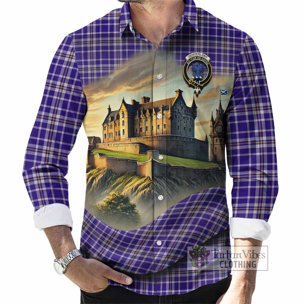Tartan Vibes Clothing Ochterlony Tartan Family Crest Long Sleeve Button Shirt with Scottish Ancient Castle Style