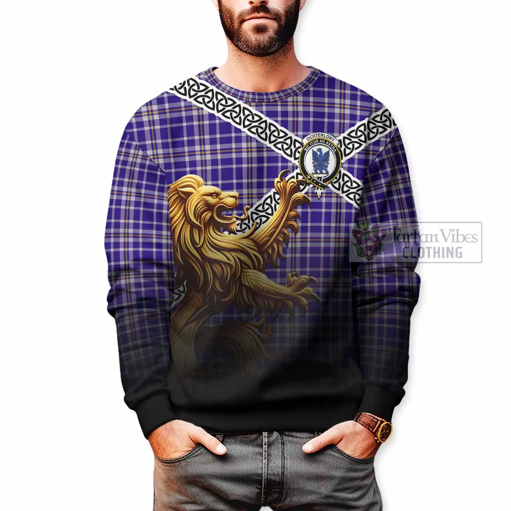 Ochterlony Crest Tartan Sweatshirt with Golden Lion Emblem Celtic Style - Tartan Vibes Clothing