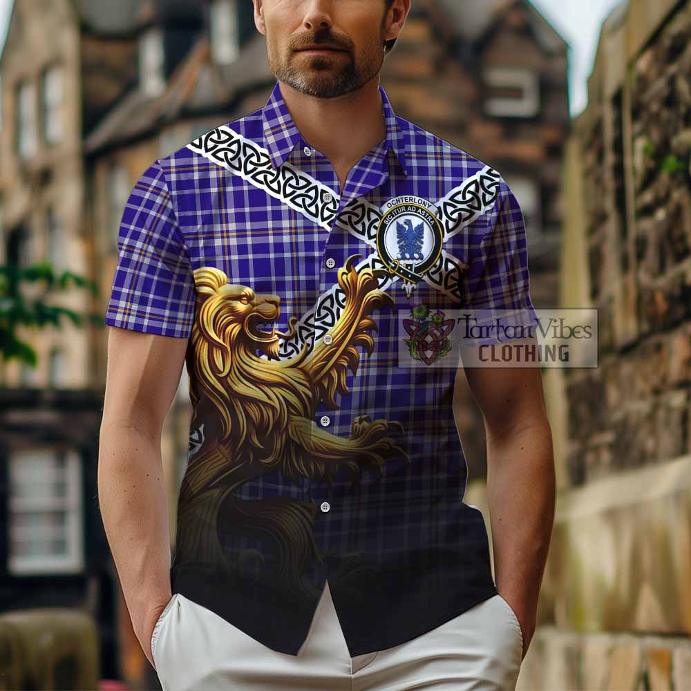 Ochterlony Crest Tartan Hawaiian Shirt with Golden Lion Emblem Celtic Style - Tartan Vibes Clothing