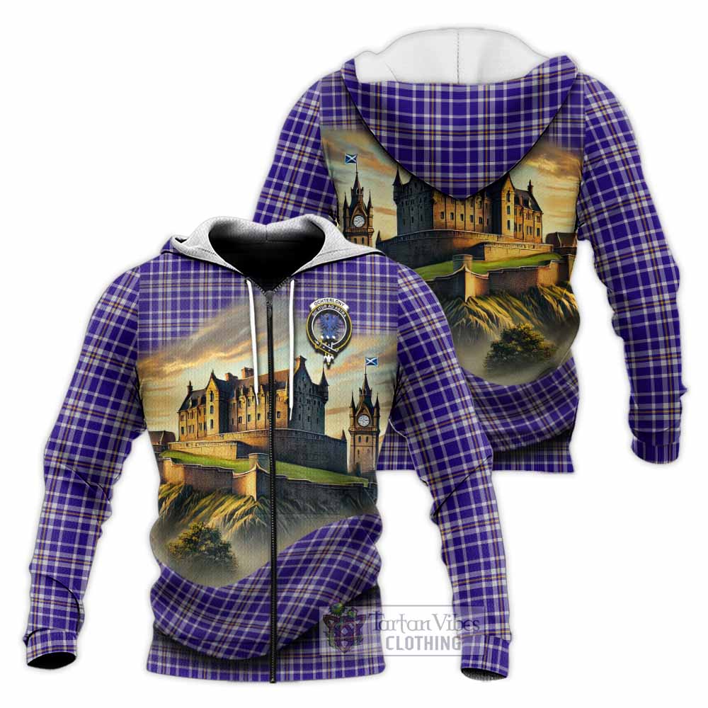 Ochterlony Tartan Family Crest Knitted Hoodie with Scottish Ancient Castle Style Unisex Knitted Zip Hoodie - Tartan Vibes Clothing