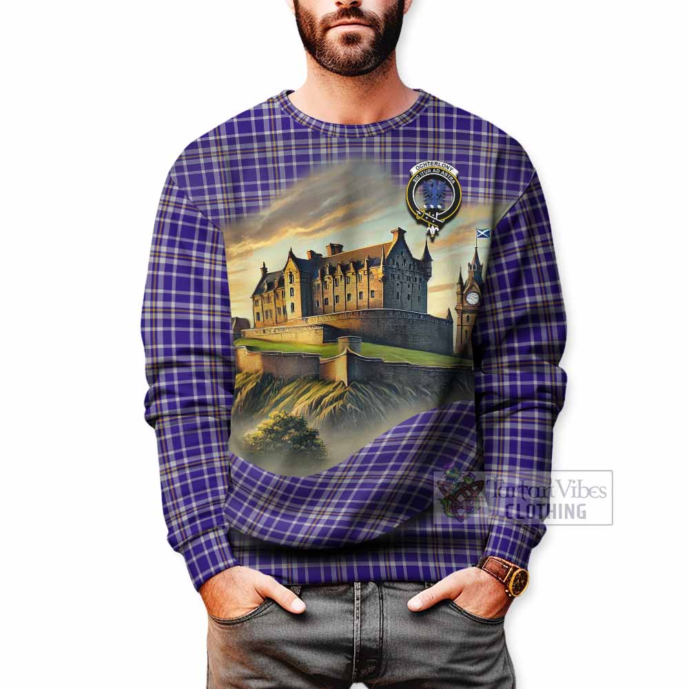 Ochterlony Tartan Family Crest Sweatshirt with Scottish Ancient Castle Style - Tartan Vibes Clothing