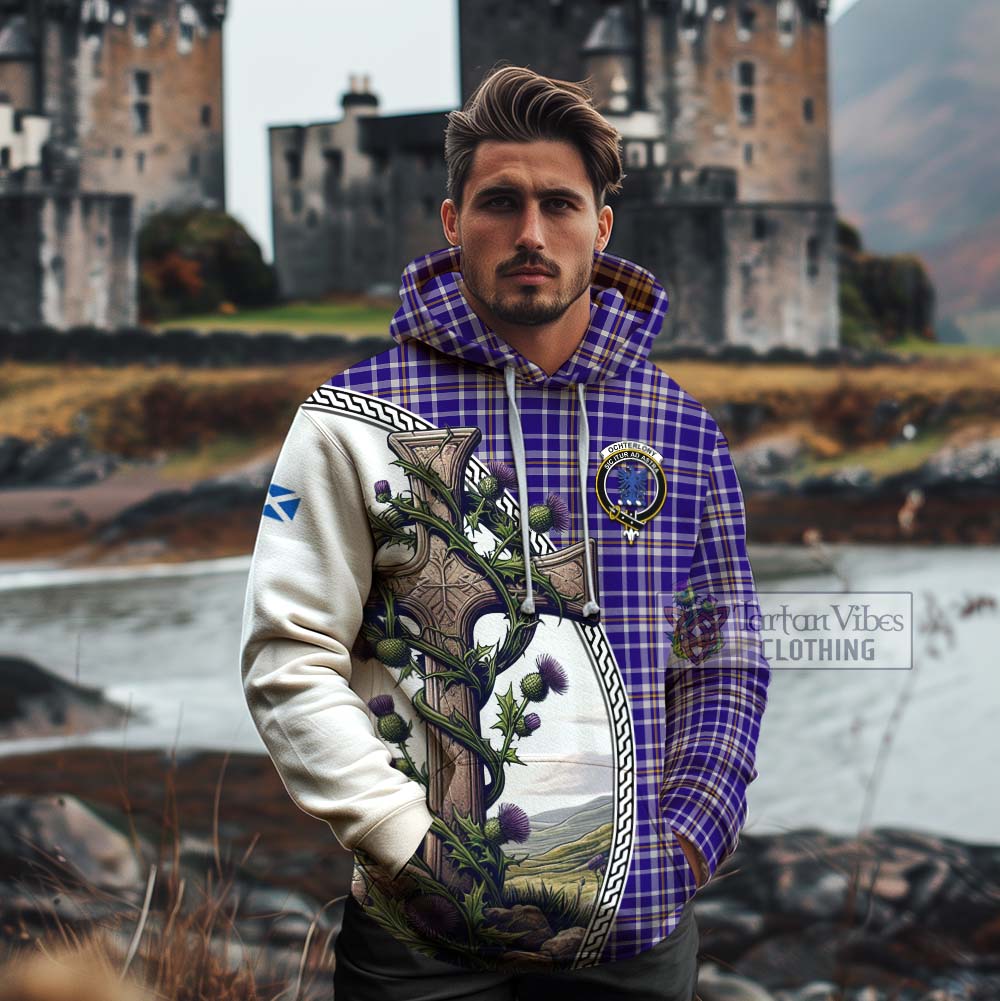Tartan Vibes Clothing Ochterlony Tartan Cotton Hoodie with Family Crest and St. Andrew's Cross Accented by Thistle Vines