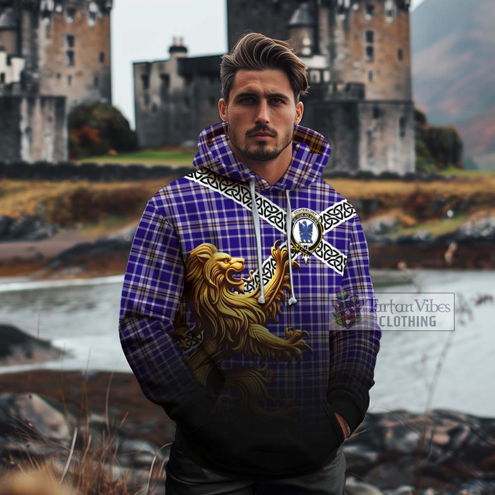 Ochterlony Crest Tartan Cotton Hoodie with Golden Lion Emblem Celtic Style - Tartan Vibes Clothing