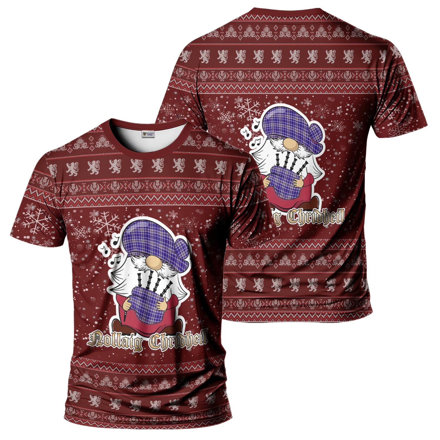 Ochterlony Clan Christmas Family T-Shirt with Funny Gnome Playing Bagpipes - Tartanvibesclothing