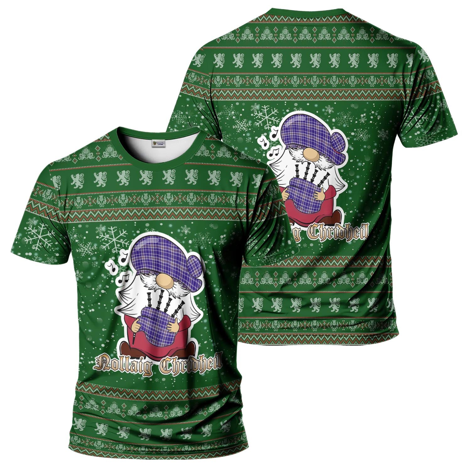 Ochterlony Clan Christmas Family T-Shirt with Funny Gnome Playing Bagpipes Men's Shirt Green - Tartanvibesclothing