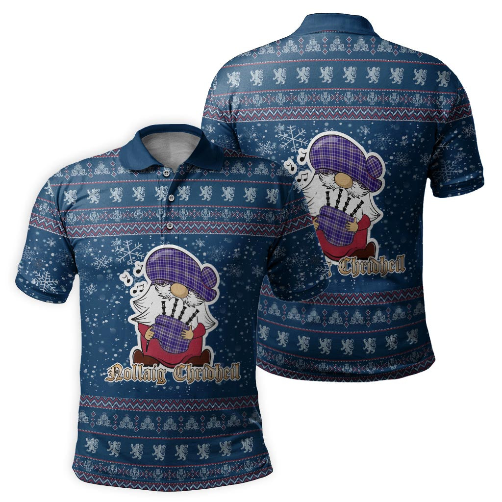 Ochterlony Clan Christmas Family Polo Shirt with Funny Gnome Playing Bagpipes Men's Polo Shirt Blue - Tartanvibesclothing
