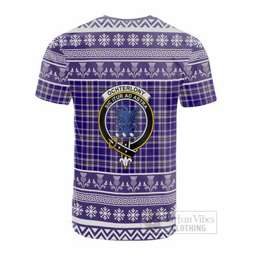 Ochterlony Clan Tartan Christmas Cotton T-shirt with Family Crest