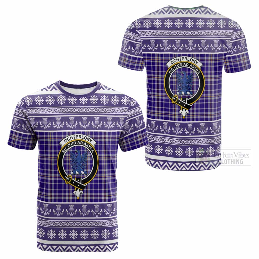 Ochterlony Clan Tartan Christmas Cotton T-shirt with Family Crest - Tartan Vibes Clothing