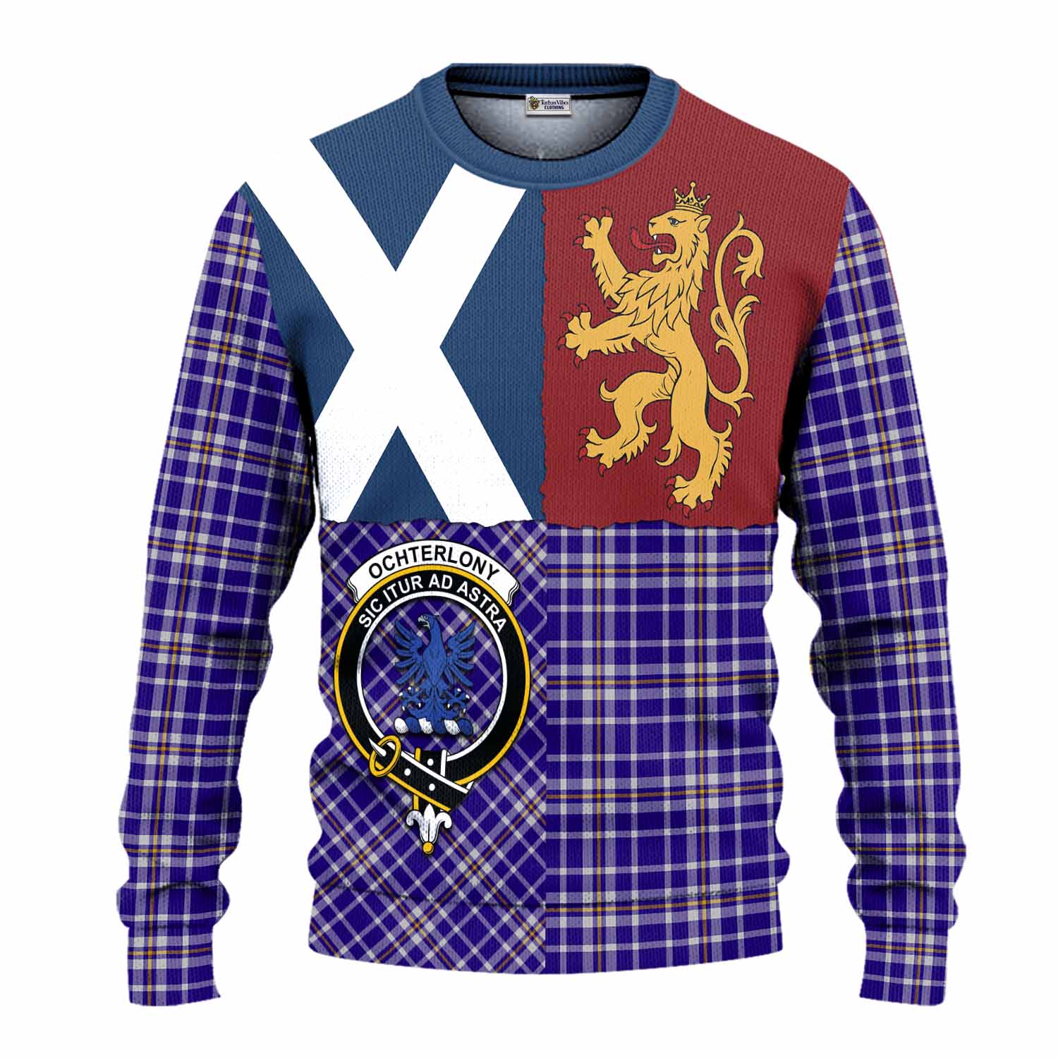 Ochterlony Crest Tartan Knitted Sweater with Lion Rampant Saltire Style