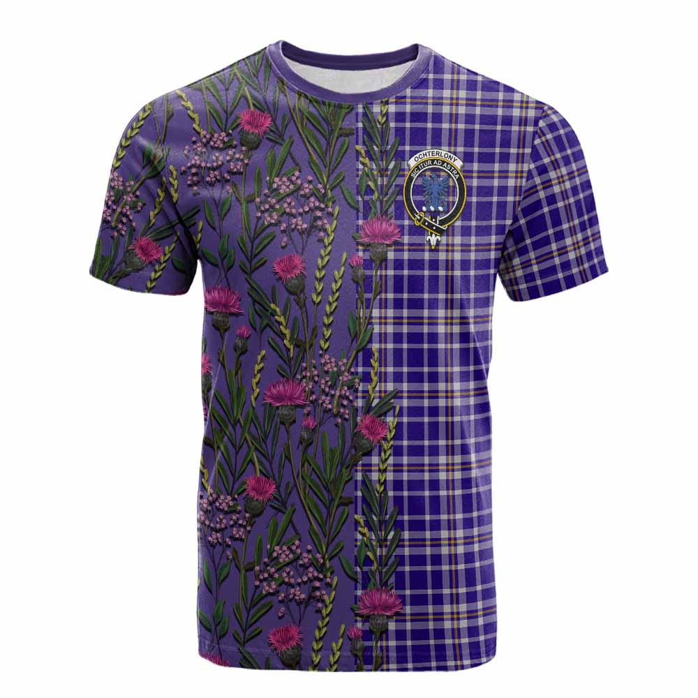 Ochterlony Family Crest Tartan Cotton T-shirt Scottish Thistle Flower Pattern Half Style - Tartan Vibes Clothing