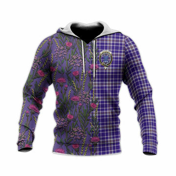 Ochterlony Family Crest Tartan Knitted Hoodie Scottish Thistle Flower Pattern Half Style - Tartan Vibes Clothing