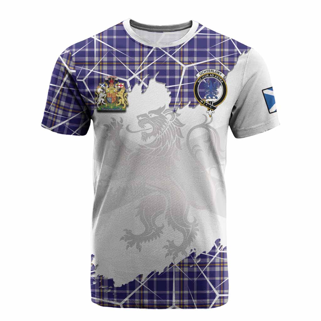 Ochterlony Tartan Cotton T-shirt with Family Crest and Lion Rampant Grunge Style
