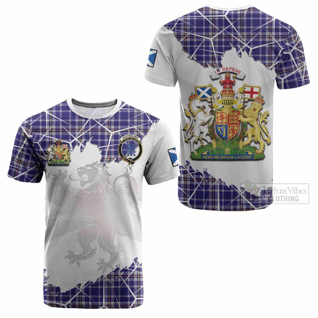 Ochterlony Tartan Cotton T-shirt with Family Crest and Lion Rampant Grunge Style