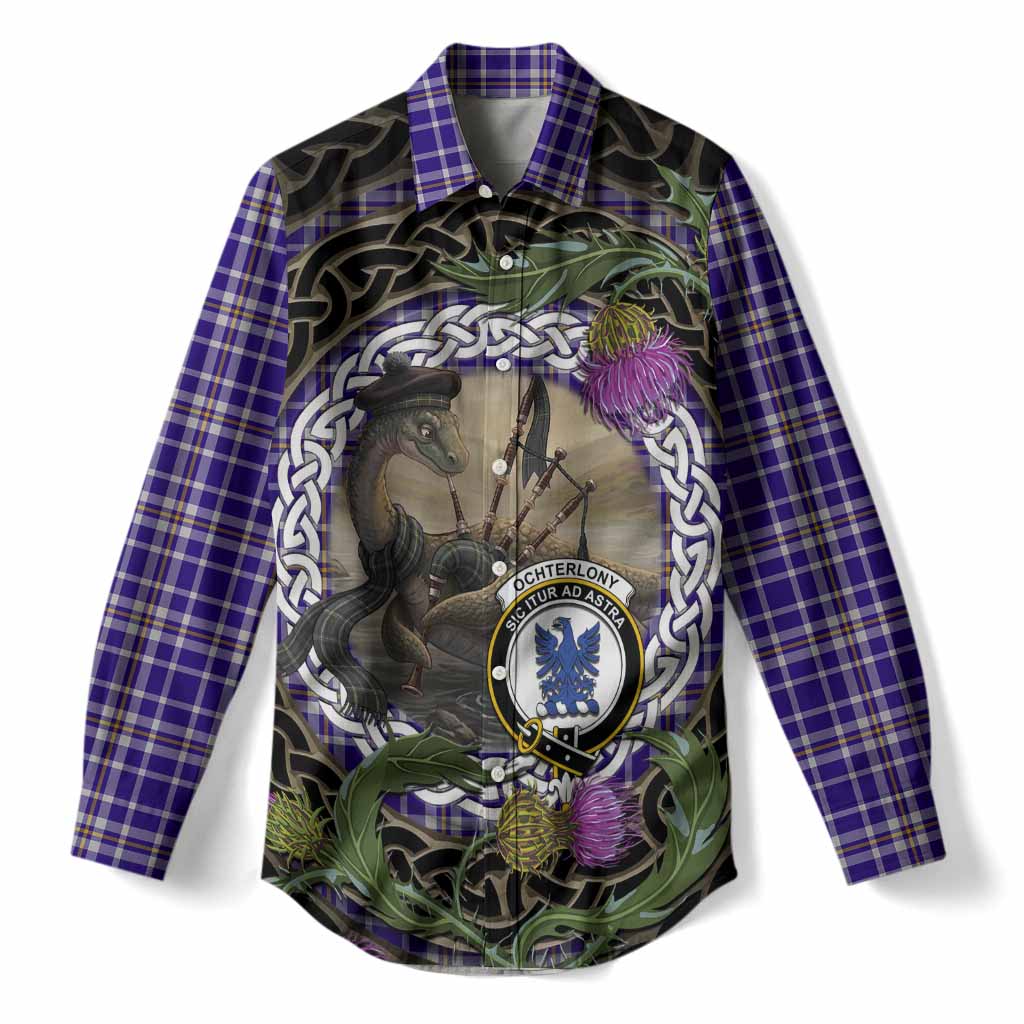 Ochterlony Tartan Crest Bagpipe Nessie Women Casual Shirt Scottish Loch Ness Monster Celtic Thistle