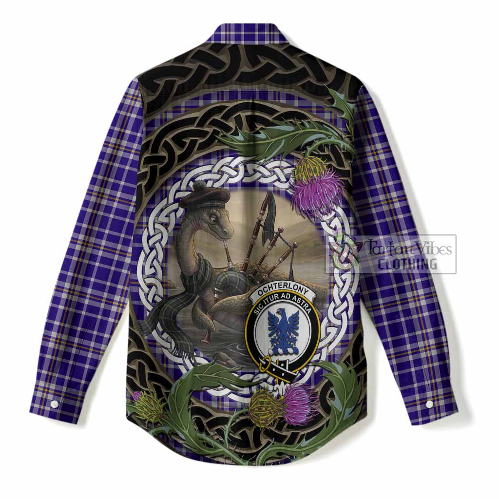 Ochterlony Tartan Crest Bagpipe Nessie Women Casual Shirt Scottish Loch Ness Monster Celtic Thistle