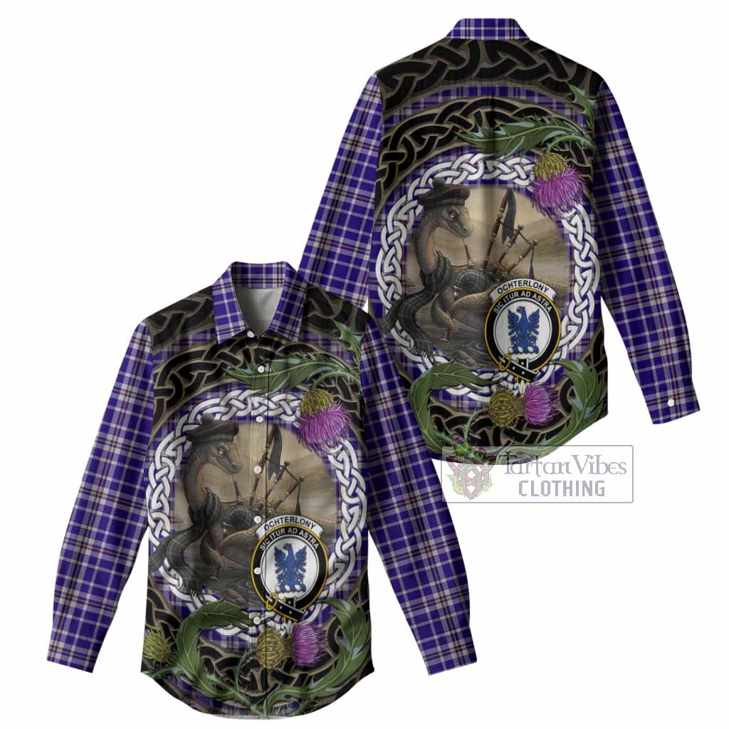 Ochterlony Tartan Crest Bagpipe Nessie Women Casual Shirt Scottish Loch Ness Monster Celtic Thistle