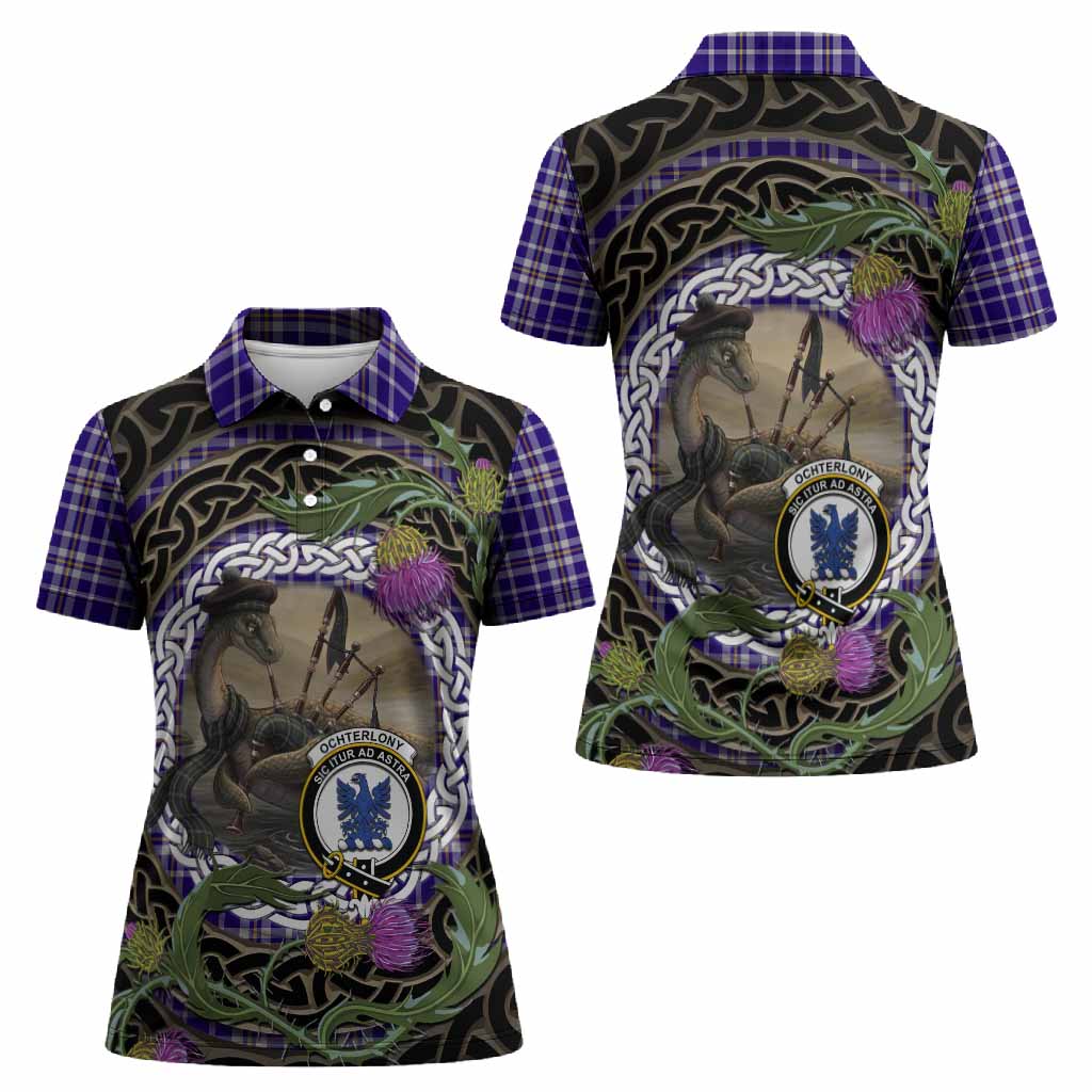 Ochterlony Tartan Crest Bagpipe Nessie Women Polo Shirt Scottish Loch Ness Monster Celtic Thistle