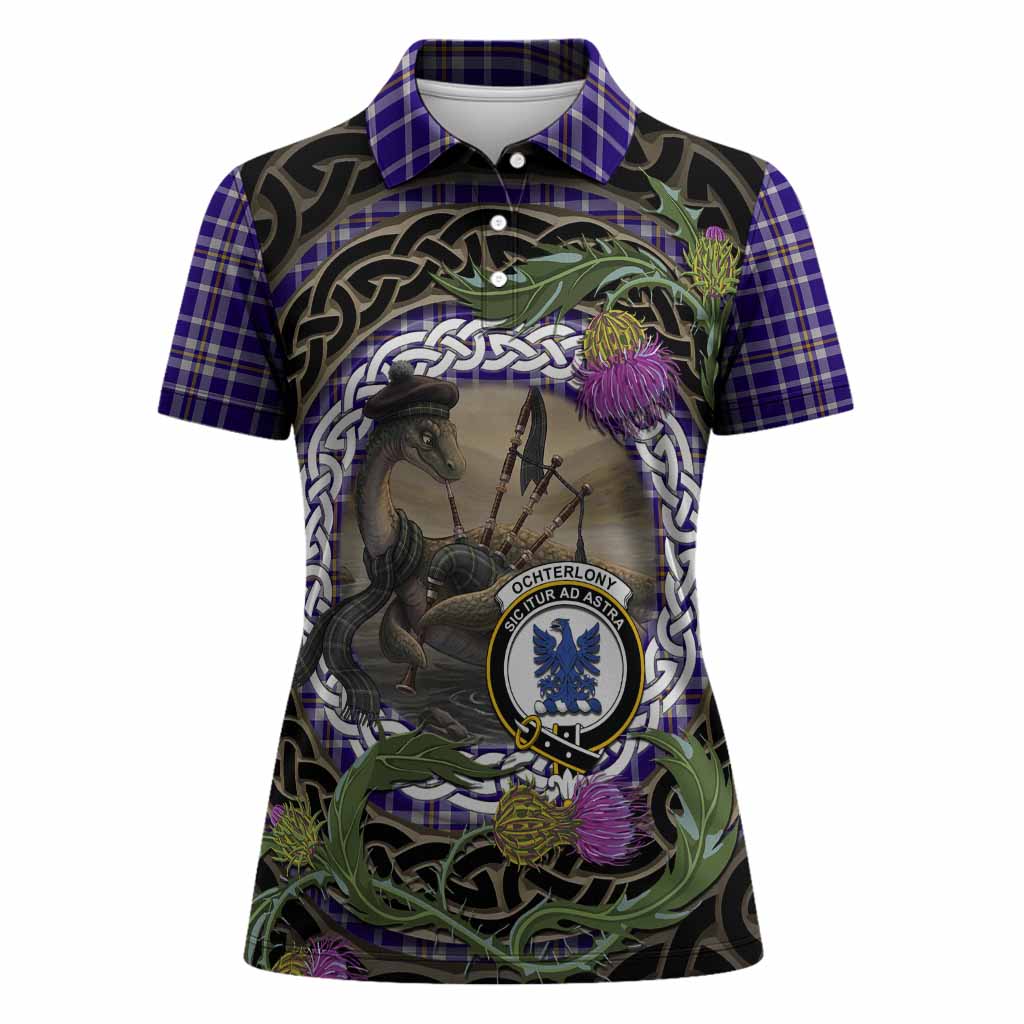 Ochterlony Tartan Crest Bagpipe Nessie Women Polo Shirt Scottish Loch Ness Monster Celtic Thistle