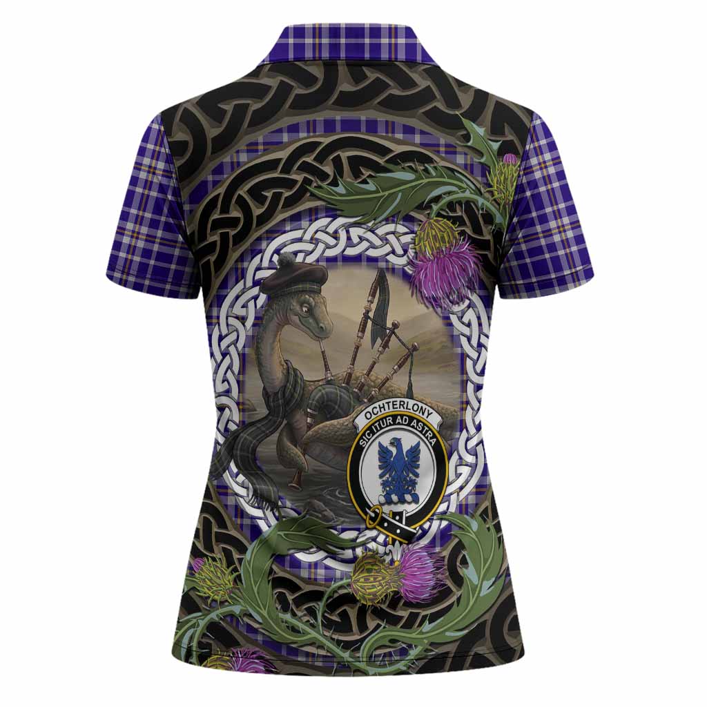 Ochterlony Tartan Crest Bagpipe Nessie Women Polo Shirt Scottish Loch Ness Monster Celtic Thistle