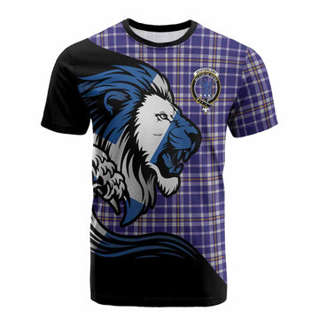 Ochterlony Tartan Crest Cotton T-shirt Scottish Golden Lions Wave Flow