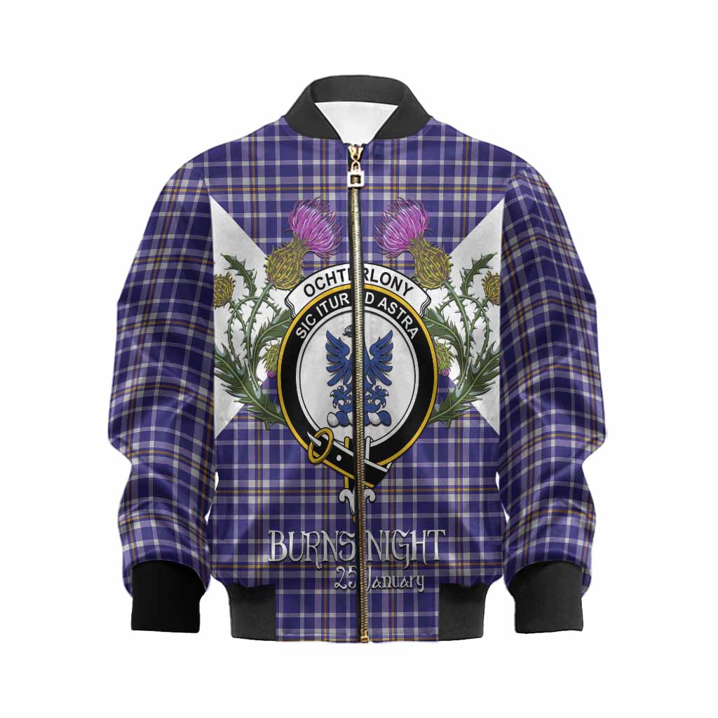 Ochterlony Tartan Family Crest Kid Bomber Jacket Scottish Burns Night Thistle Floral