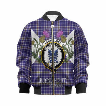 Ochterlony Tartan Family Crest Kid Bomber Jacket Scottish Burns Night Thistle Floral