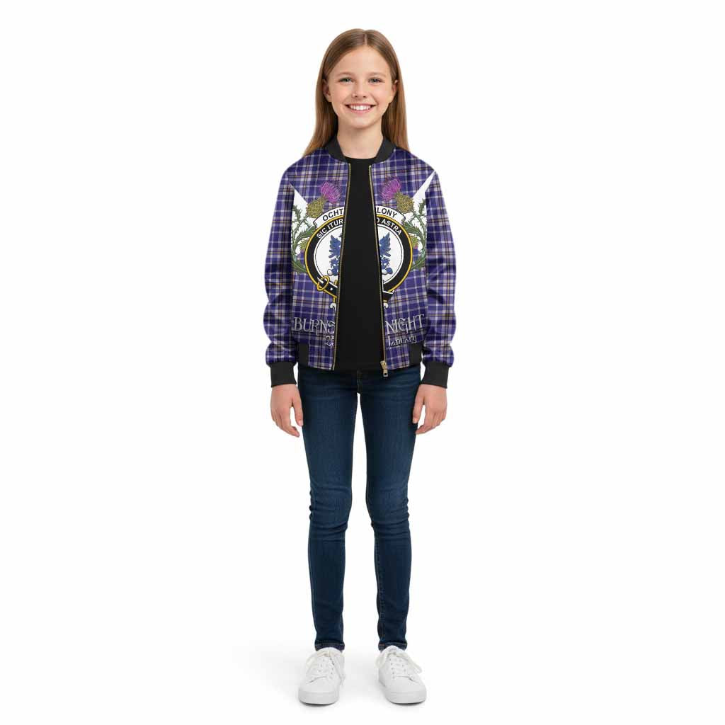 Ochterlony Tartan Family Crest Kid Bomber Jacket Scottish Burns Night Thistle Floral