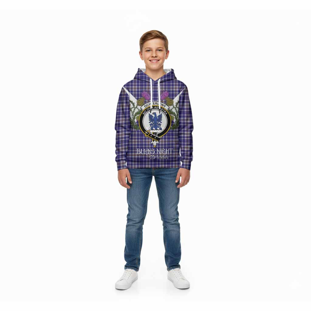 Ochterlony Tartan Family Crest Kid Hoodie Scottish Burns Night Thistle Floral