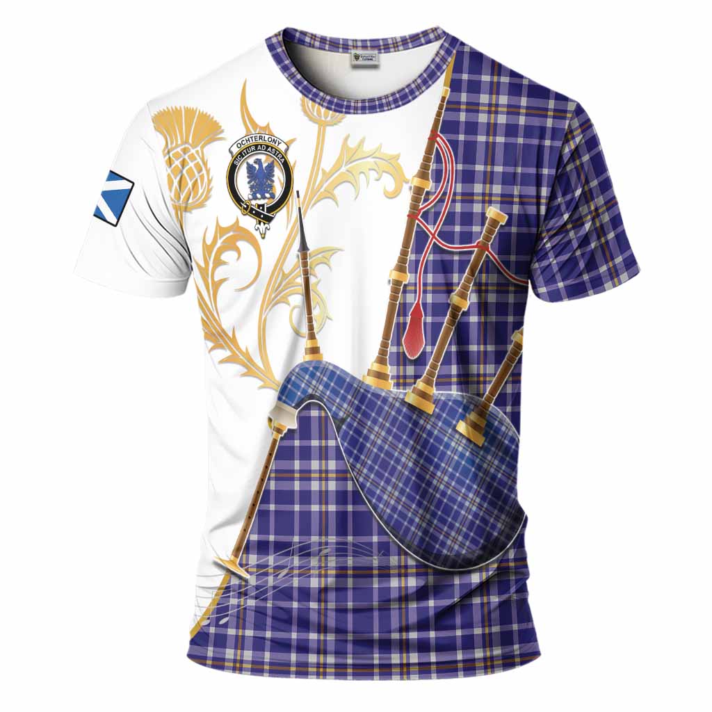 Ochterlony Tartan Family Crest T-Shirt Bagpipes with Scottish Thistle