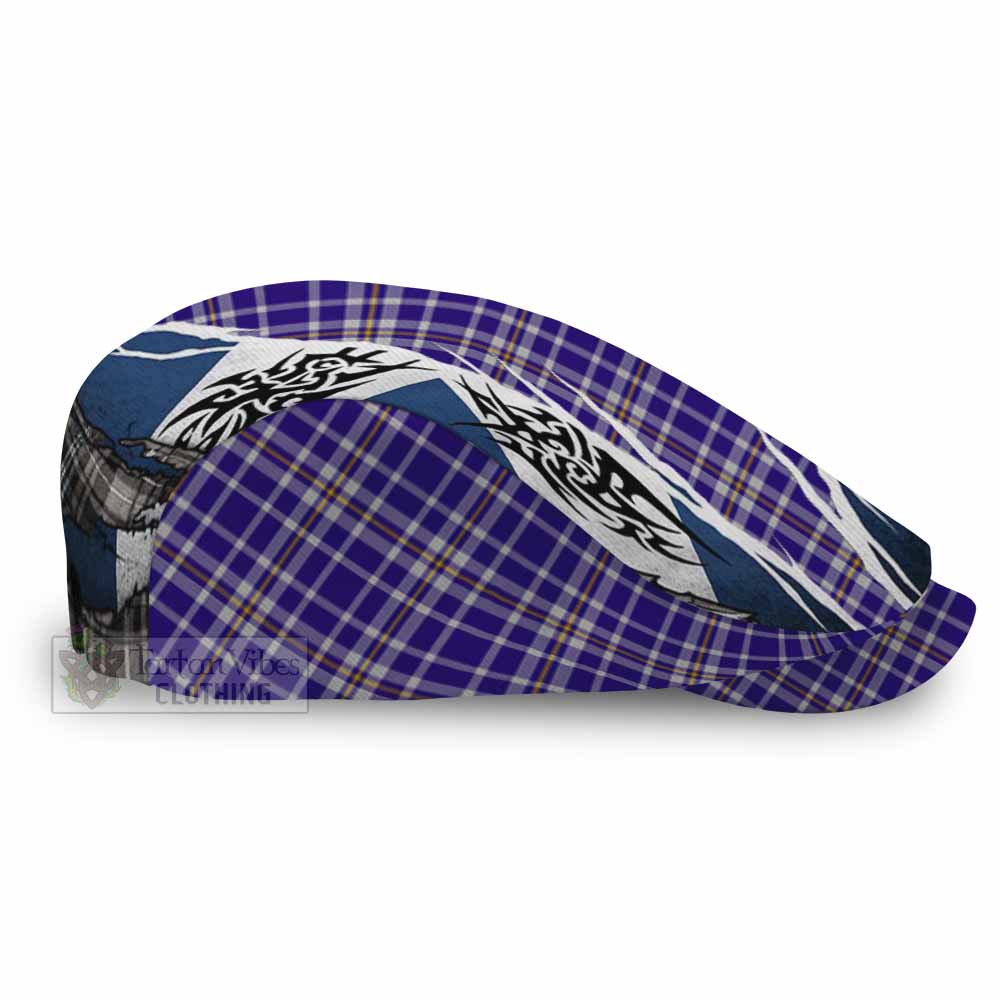 Ochterlony Tartan Flat Cap, Jeff Cap Scotland Flag Ripped Tribal Design