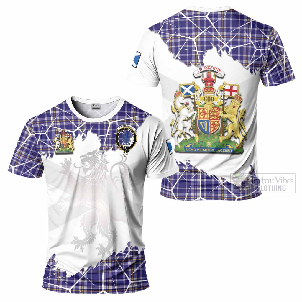 Ochterlony Tartan T-Shirt with Family Crest and Lion Rampant Grunge Style