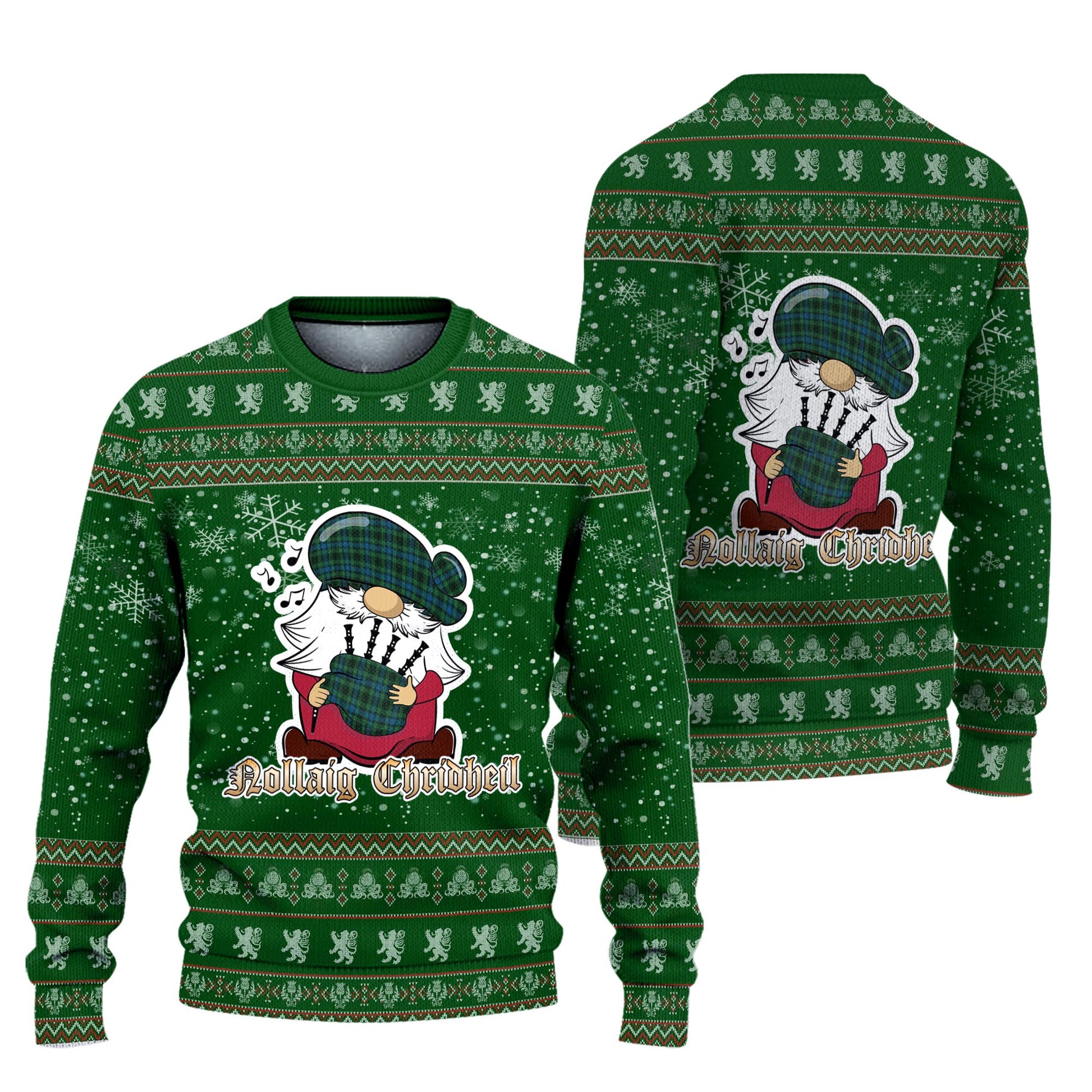 O'Connor Clan Christmas Family Knitted Sweater with Funny Gnome Playing Bagpipes Unisex Green - Tartanvibesclothing