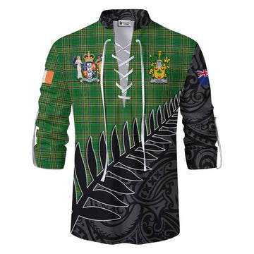 Odell Irish Clan Tartan Ghillie Kilt Shirt with Coat of Arms New Zealand Silver Fern Half Style Men - Tartan Vibes Clothing