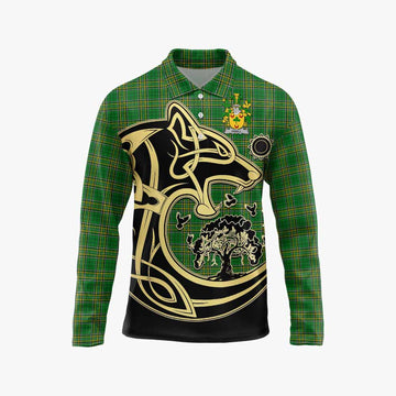 Odell Irish Tartan Long Sleeve Polo Shirt with Coat of Arms Celtic Wolf Style Unisex - Tartan Vibes Clothing