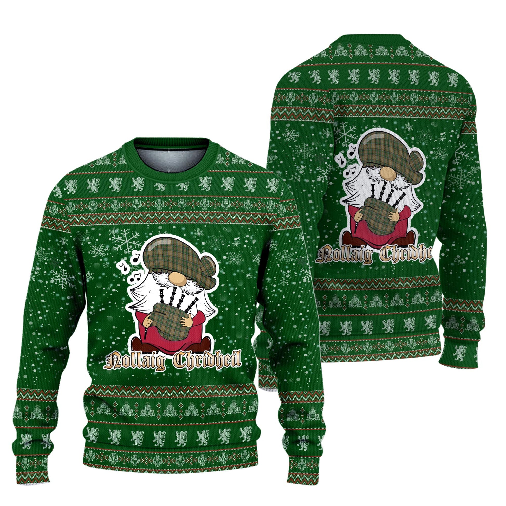O'Farrell Clan Christmas Family Knitted Sweater with Funny Gnome Playing Bagpipes Unisex Green - Tartanvibesclothing